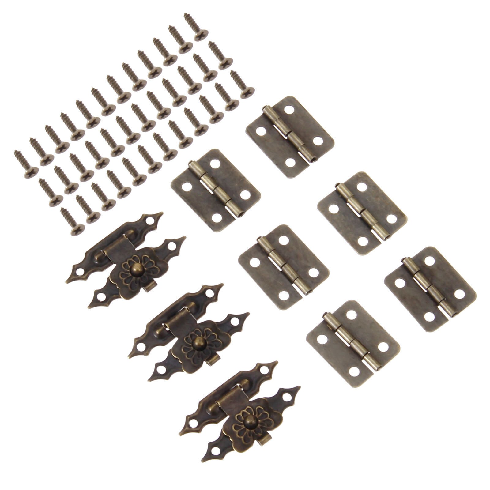 30 pçs/set Caixa de Bronze Antigo Fechos 38*18mm + Dobradiça Trava Ferrolho 18*16 milímetros w/parafusos Flor Fivela Cadeado Fechamento do Caso de Jóias de Madeira Decoração