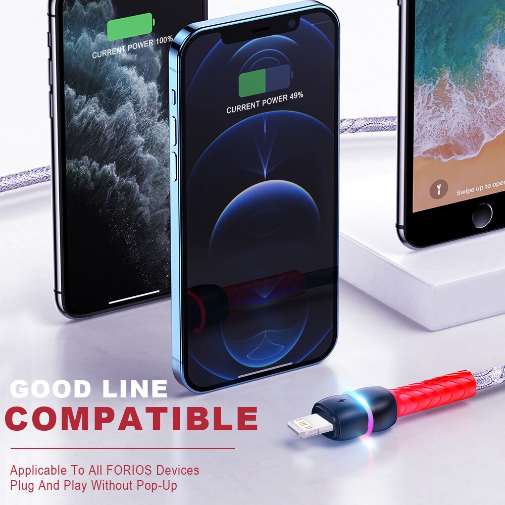 Lâmpada led 3a carga rápida cabo usb para iphone 11 12 13 pro max xs x xr 5 6 7 8 mais se 2 ipad fio de dados do telefone móvel carregador cabo