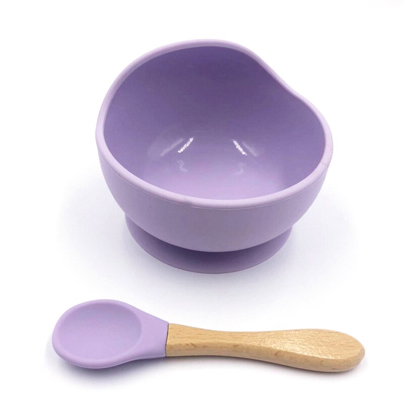 2 Pcs Baby Silicone Bowl Set Anti Complementary Food Spoon and Bowl Healthy Food Grade Child's Tableware: Purple