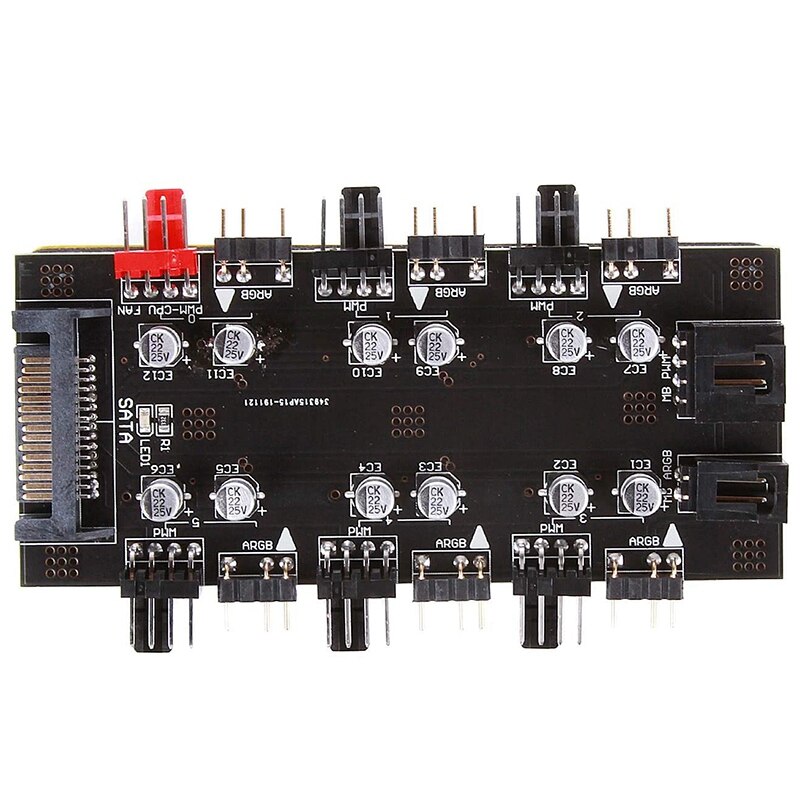 SATA 1 to 6 Way PWM/ARGB Device Expander 4Pin Cooling Fans Hub Splitter Cable 5V Power Socket Adapter Card for Computer