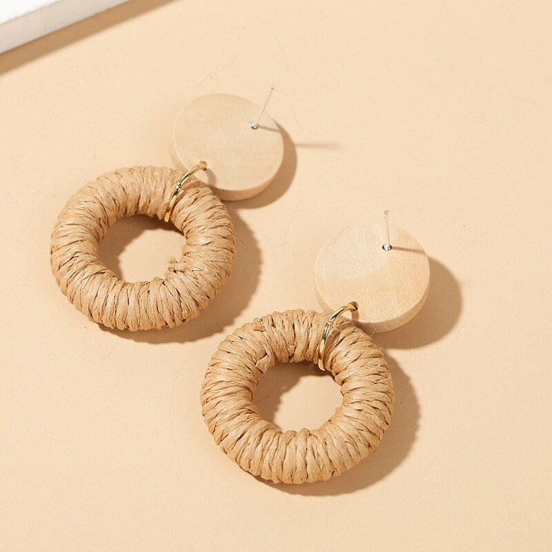 Bohemian Ladies Handmade Vine Rattan Straw Woven Earrings For Women Boho Geometric Round Wooden Dangle Earring Jewelry