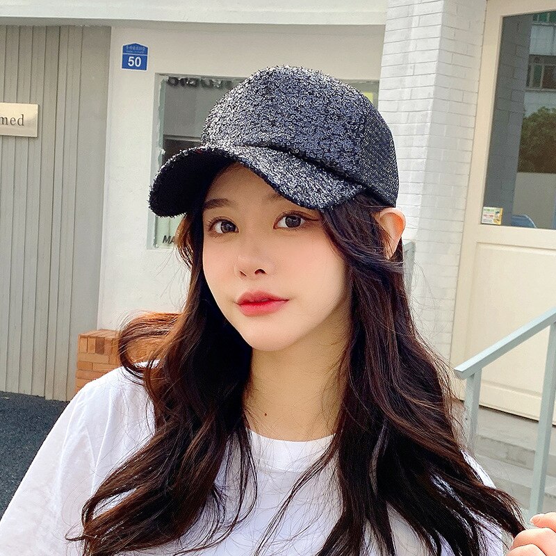 Gorra de béisbol de malla transpirable para mujer, gorro con lentejuelas, parasol, sombreros de Sol para viajes al aire libre, visera ajustable: Black