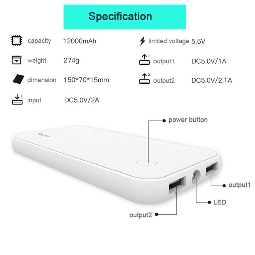 Besiter BST-0141 12000Mah Grote Capaciteit Dual Usb Power Bank Externe Batterij Oplader Met Led Licht Opladen Voor Mobiele Telefoon