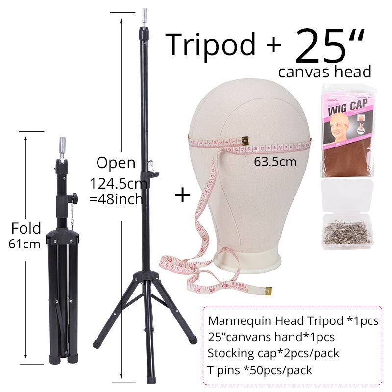 Wig Stand Tripod With Head Mannequin Stand 50Pcs T Pins 21 22 23 24 25 Inch Canvas Head With Stocking Caps For Making Wigs: 25inch