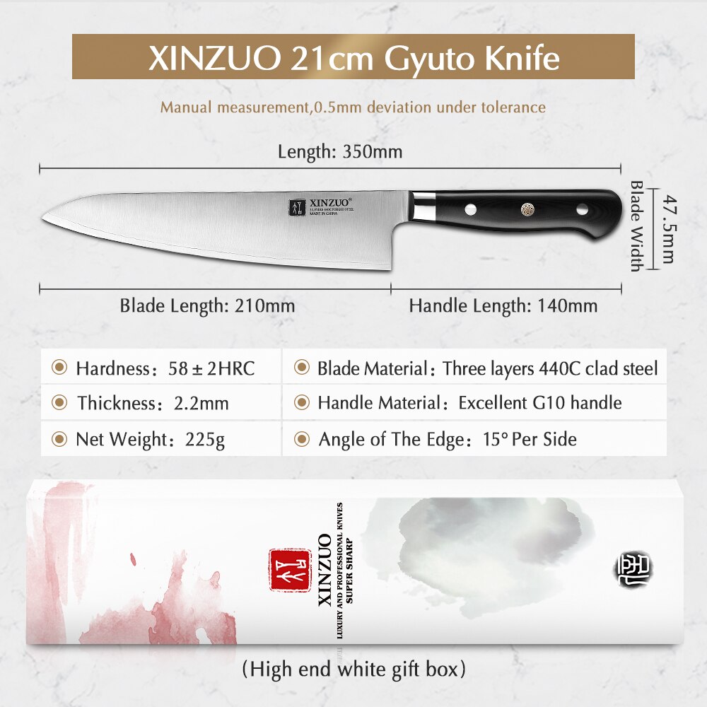 XINZUO Butcher's Knife 3 Layers 440C Forged Steel Stainless Steel 210mm Gyuto Knife 60 HRC Kitchen Chef Knives G10 Handle