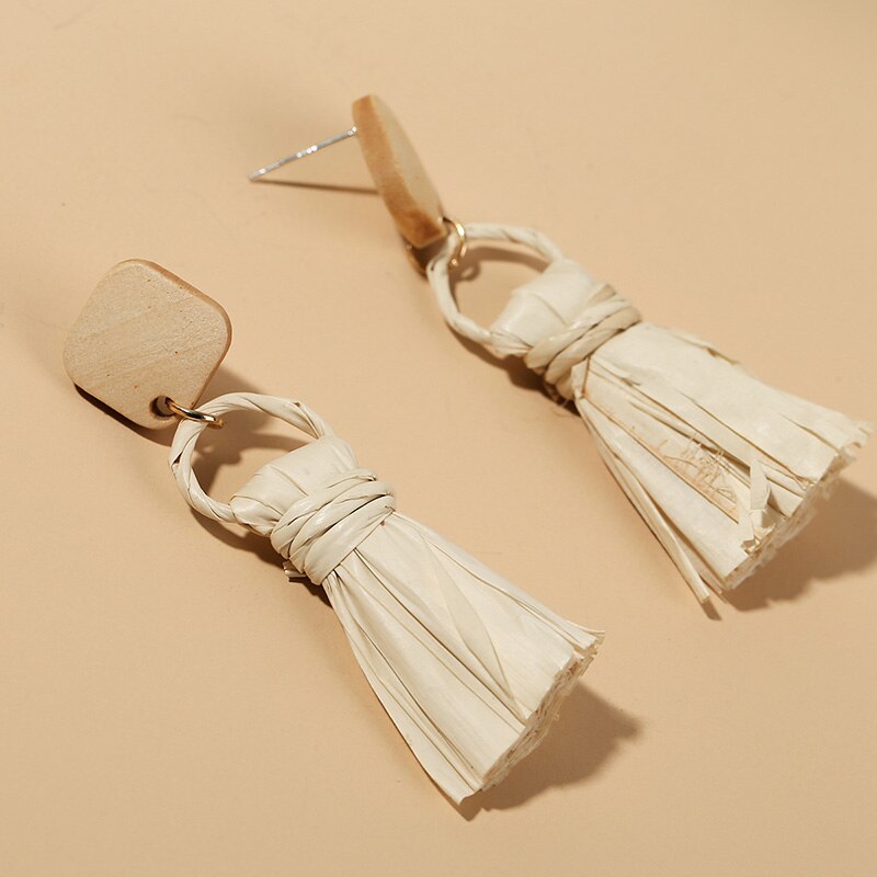Simple Trendy Female Handmade Woven Vine Rattan Straw Earrings For Women Boho Square Geometric Wood Dangle Earring Jewelry