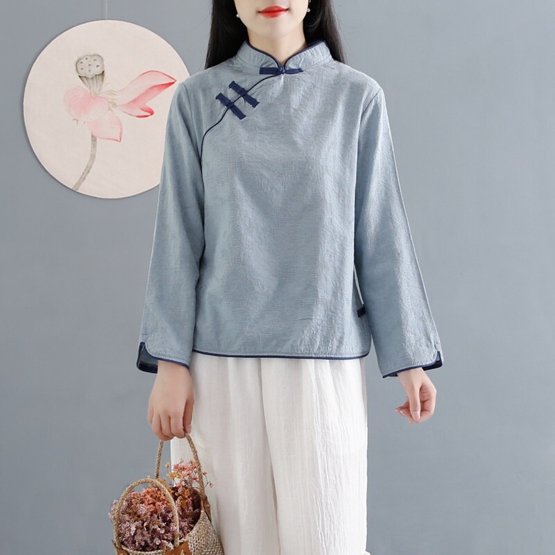 Traditionel kinesisk tøj bomuld linned skjorte bluse vintage dame solid toppe orientalsk hanfu kinesisk stil tøj kvinder 11101: 4