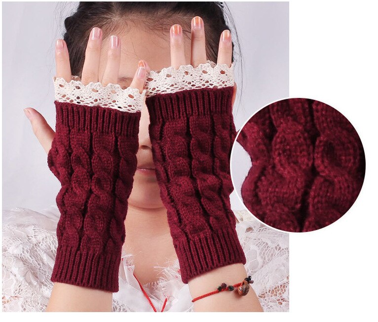 Manchons en laine pour femmes, protège-poignets allongés en dentelle, couleur unie, tricot , gants chauffe-bras, demi-doigt, hiver