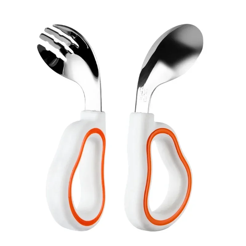 1PCS Baby Eating Training Soft Silicone Fork Spoon Short Handle Baby Easy To Grip 316 Stainless Steel Fork Spoons: GRAY