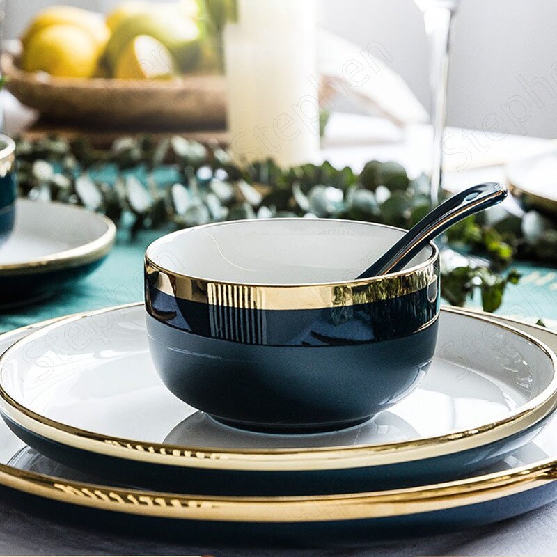 Golden Stroke Ceramic Dinner Set Plates and Dishes Nordic Modern Blue Color Glaze Plates and Bowls Steak Pasta Western Tableware