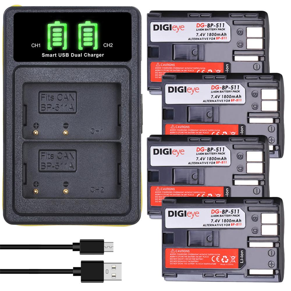 BP-511 BP-511A Battery + LED Dual Charger Type C for Canon EOS 5D 10D 20D 30D 40D 50D D30 D60 G1 G2 G3 G5 G6 Pro 1 Pro 90: 4 battery 1 charger