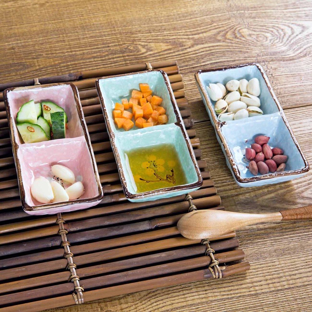 Plato para salsa de soja, plato de cerámica, platos laterales, condimentos, platillo, plato de mantequilla, bandeja, vajilla de cocina, plato de servicio de 2 rejillas