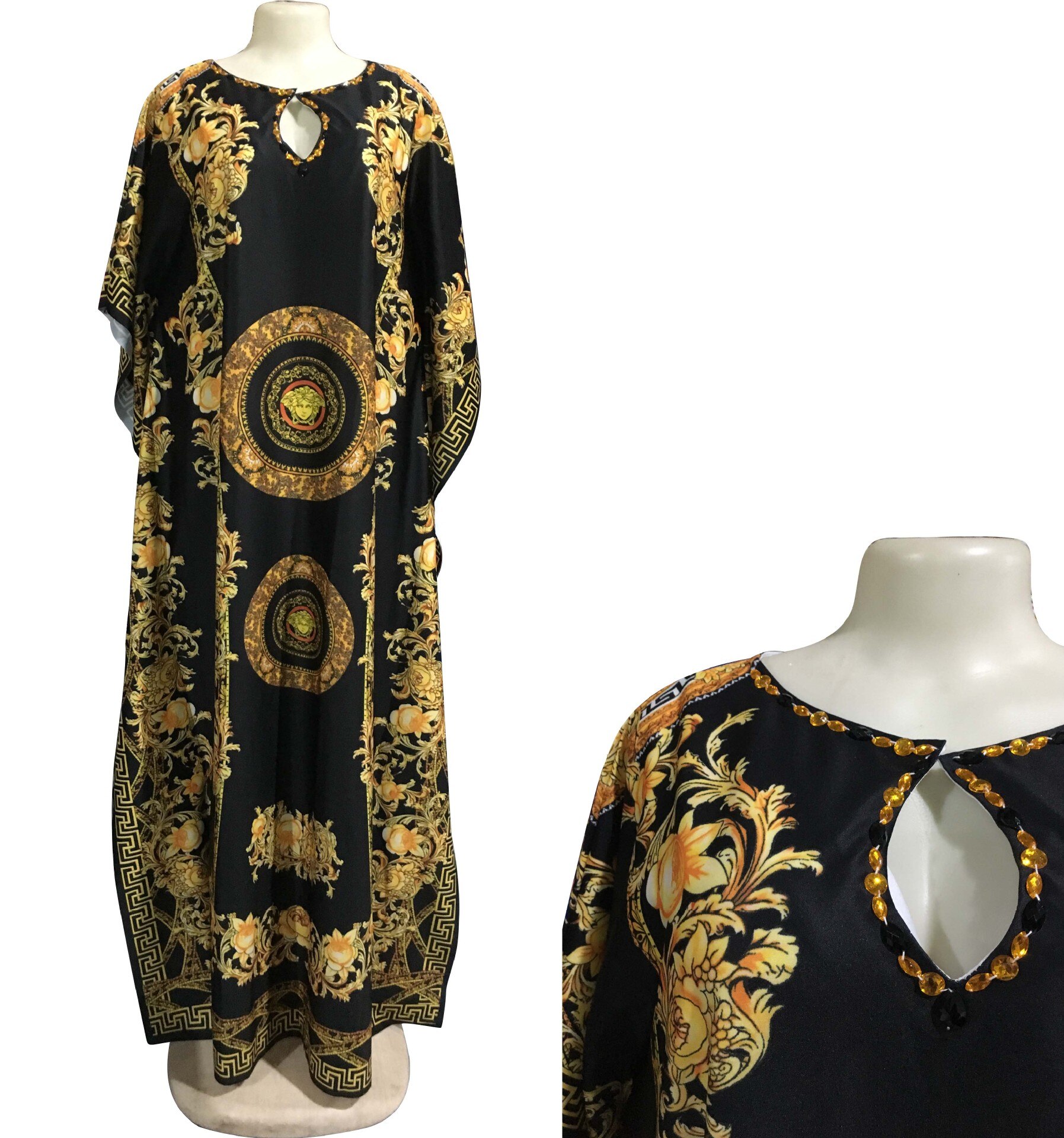 Vestidos de con estampado africano tradicional para mujer, ropa Dashiki de Sudáfrica, Bazin Ankara, vestidos de con cuello de pico y cuentas: Black