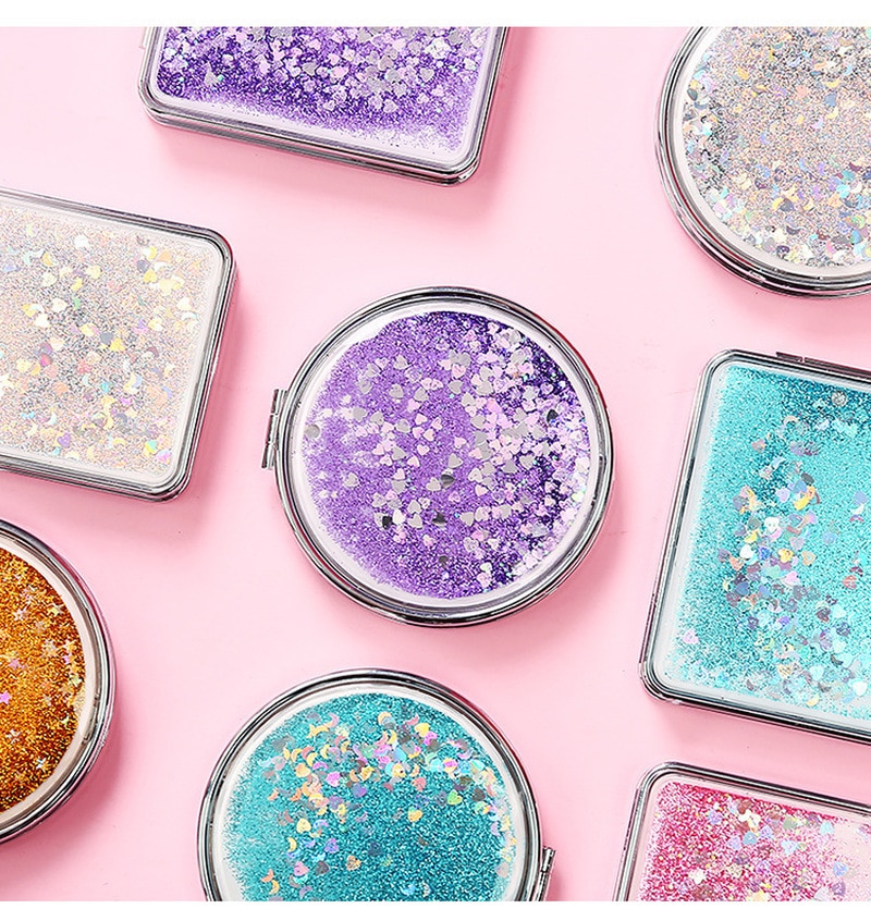 Portable Double-Sided Folding Cosmetic Mirror Female With Flowing Sparkling Sand Mini Makeup Mirror Compact Pocket Mirrors