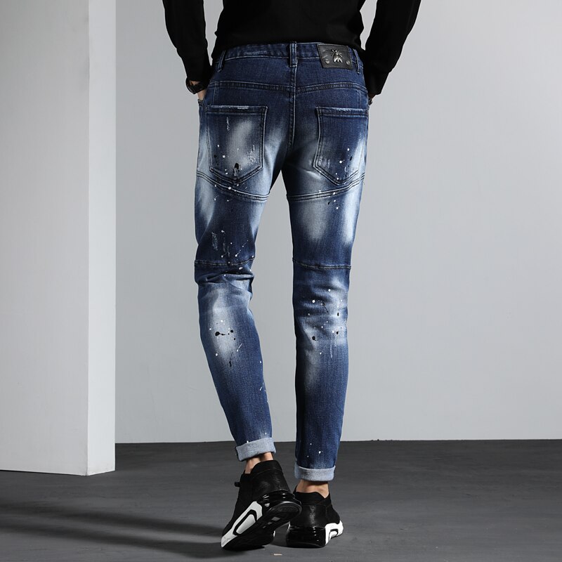 Heren Jeans Ripped Jeans Voor Mannen Gescheurde Geschilderd Skinny Stretch Slanke Broek Lange Broek Borduren Hip Hop Herfst Lente blauw