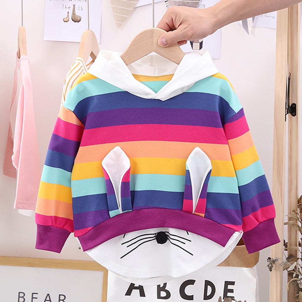 Toddler Kids Girls Striped Rainbow Top Cartoon Fashionable Hooded Sweatshirt Coat Tops Colorful Children Clothes