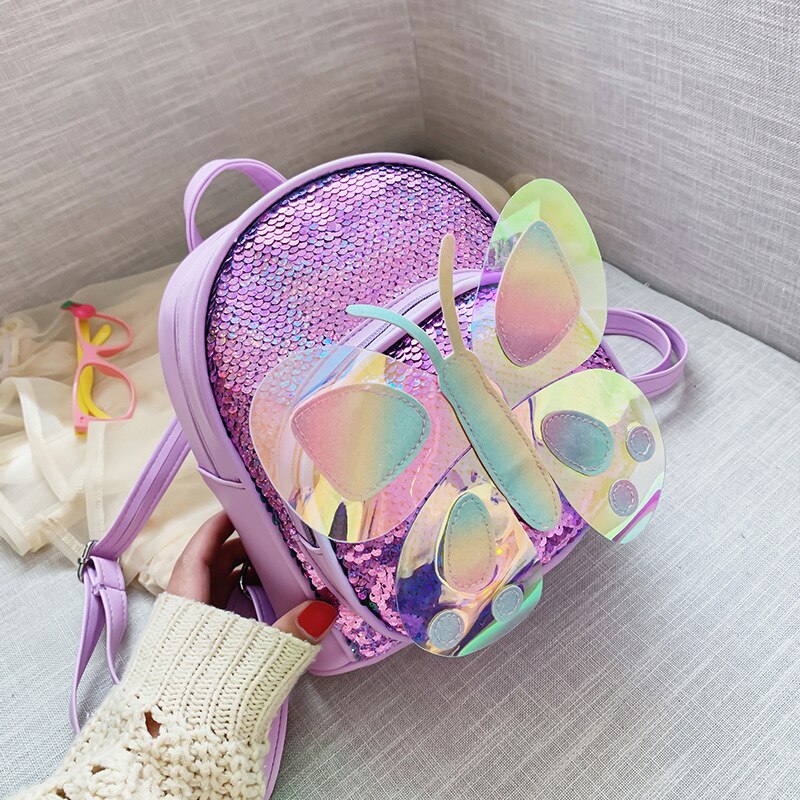 Børn lille rygsæk pung søde piger sommerfugl skoletaske til børn pige paillet skole rygsæk tasker: Lilla