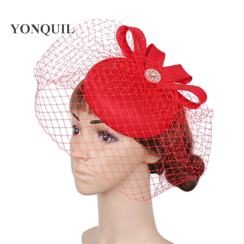 Vintage Mesh ślubne nakrycie głowy panna młoda elegancka moda Fascinator kapelusz kobiety formalne Party Chapeau z kapturem klip z welony nakrycia głowy: Czerwony