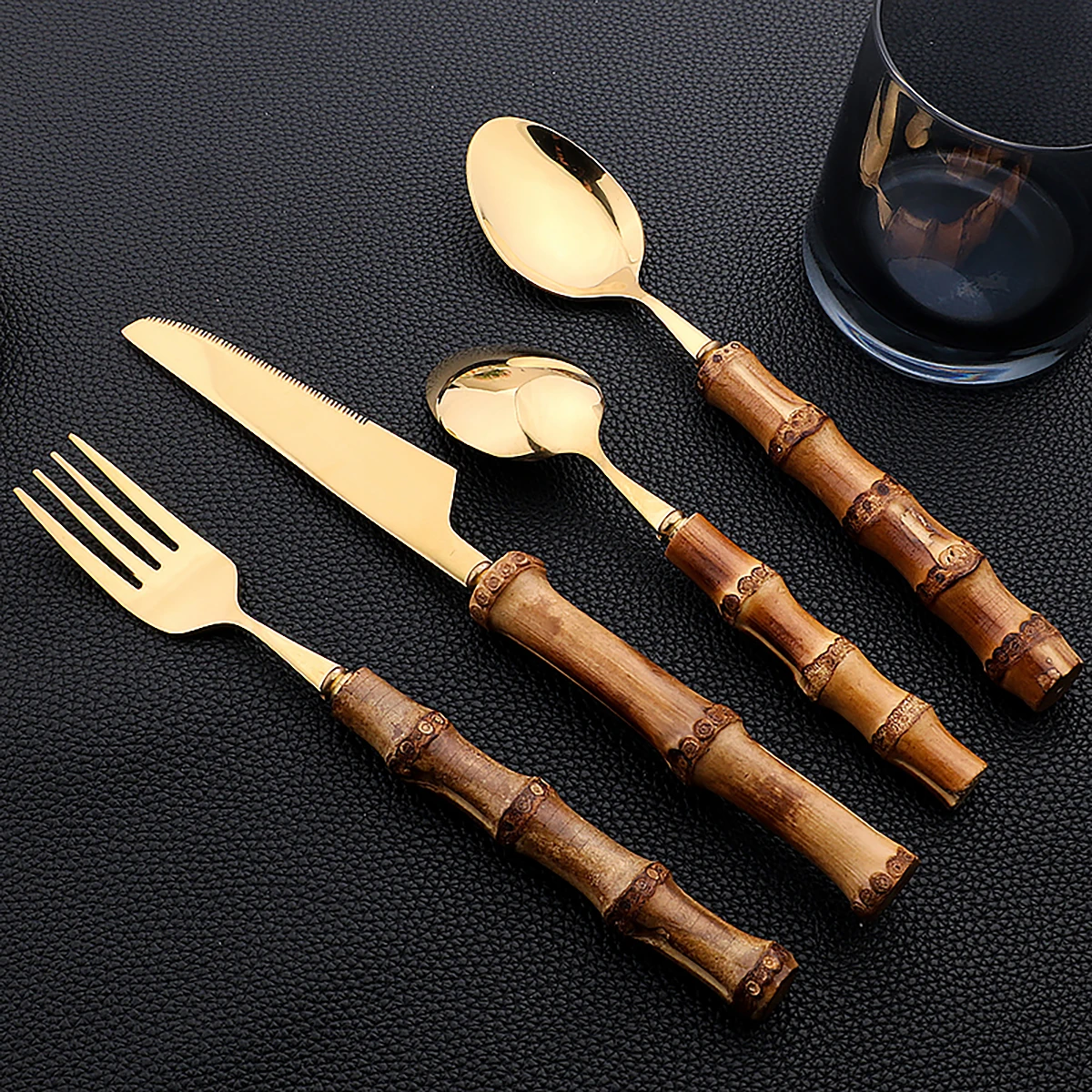 16 Stuks Natuur Bamboe Handvat Bestek Rvs Servies Sets Mes Vork Lepel Puur Natuurlijke Bamboe Servies Set