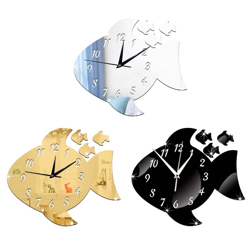 Leuke Vis Vorm Acryl Wandklok Spiegel Sticker Horloge Diy Sticker Voor Kinderkamer B36E