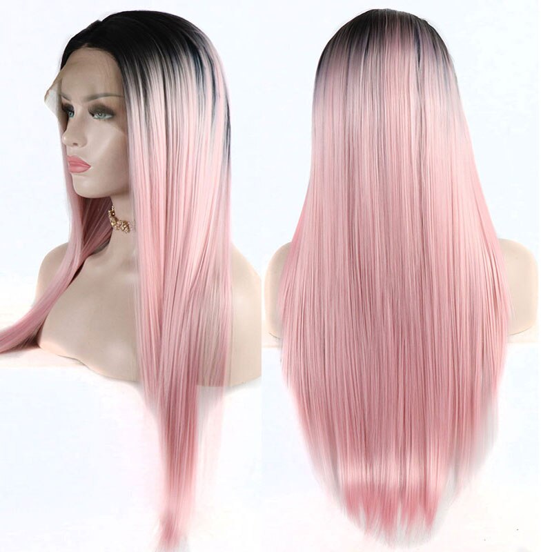 Bombshell Silk Straight Synthetic 13*3 Lace Front Wig Black Ombre Pink Heat Resistant Fiber Hair Natural Hairline For Women Wigs