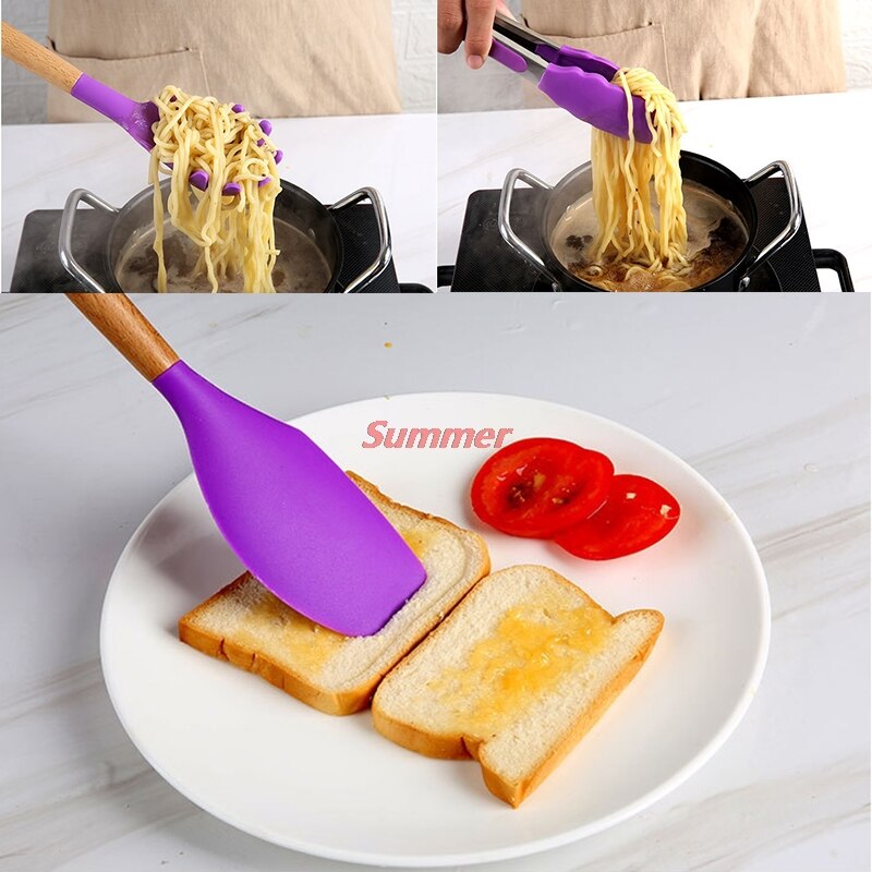 Purple Silicone Cooking Utensils Set Non-stick Spatula Shovel Wooden Handle Cooking Tools Set Special Heat-resistant