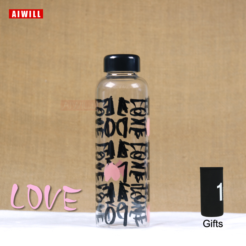 AIWILL-botella de Agua de Cristal de novedosa para mujer, 450-500ml, bonito, para deportes al aire libre: love