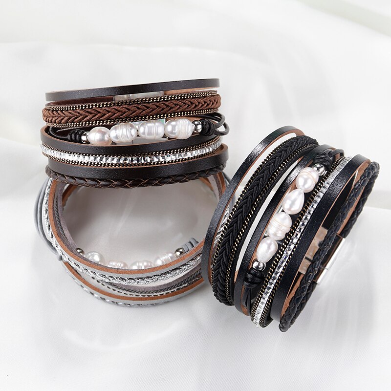 ALLYES Böhmischen Kristall Natürliche Perle Leder Armbänder für Frauen Damen mehrschichtig Geflochten Breite wickeln Armbinde Boho Schmuck