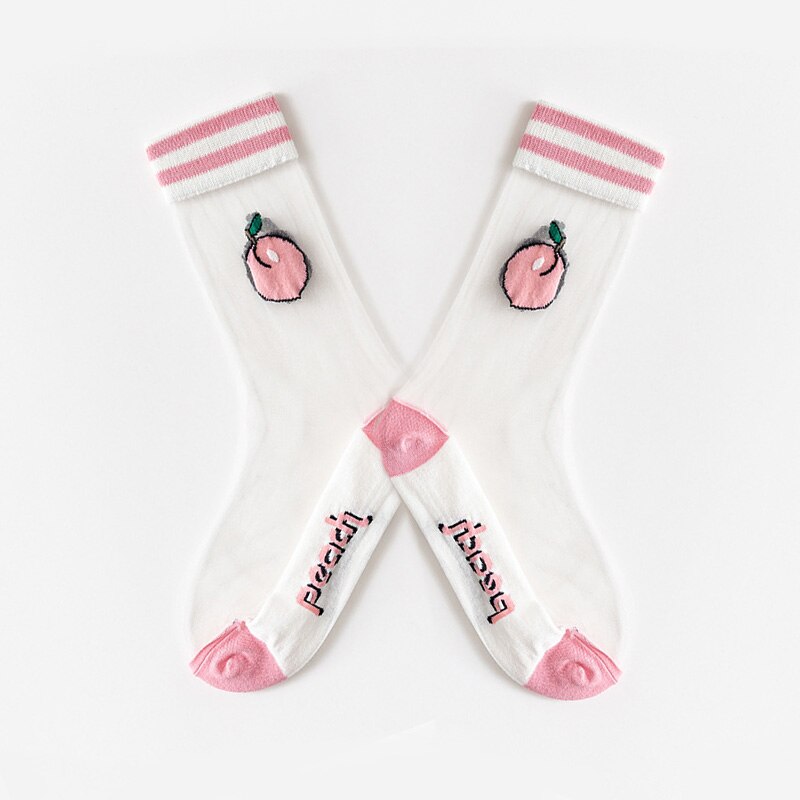 Japanese Korea Style Casual Transparent Crystal Silk Trend Women Socks Cartoon Fruit Ultrathin Glass Silk Socks Meias: White
