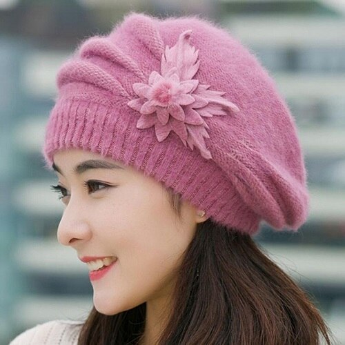 Ski Wandelen Mutsen Vrouwen Winter Hoeden Gebreide Meisjes Bonnet Caps Bergbeklimmen Dame Hoeden Wol Bont Beanie Bloem Skullies Hoed: Pink