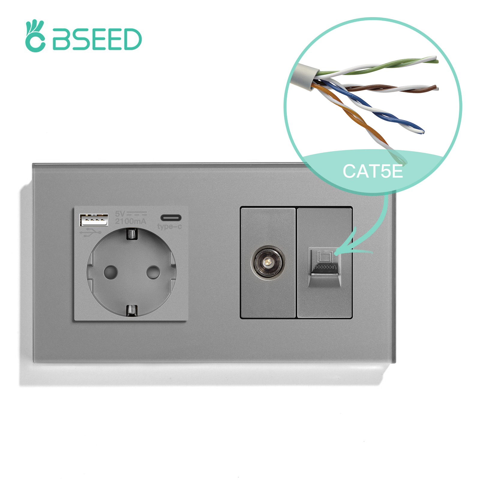 BSEED TV CAT5 With EU Socket Double Wall Sockets TV Internet RJ45 PC Connections Type-c USB Electric Sockets Glass Frame: Type 18