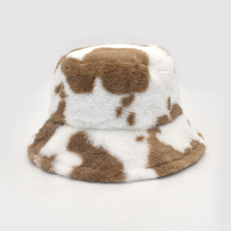 Vinter faux pels spand hatte til kvinder pige ko print plys fløjl varm panama sort hvid fisker spand hatte bob: E