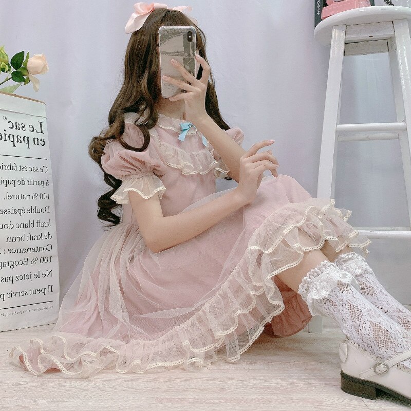 TAVIMART  -  Victorian Sweet Lolita Dress Women Kawaii Bowknot Print Ruffles Party Mini Dresses Japanese Vintage Elegant Mesh Princess Dress