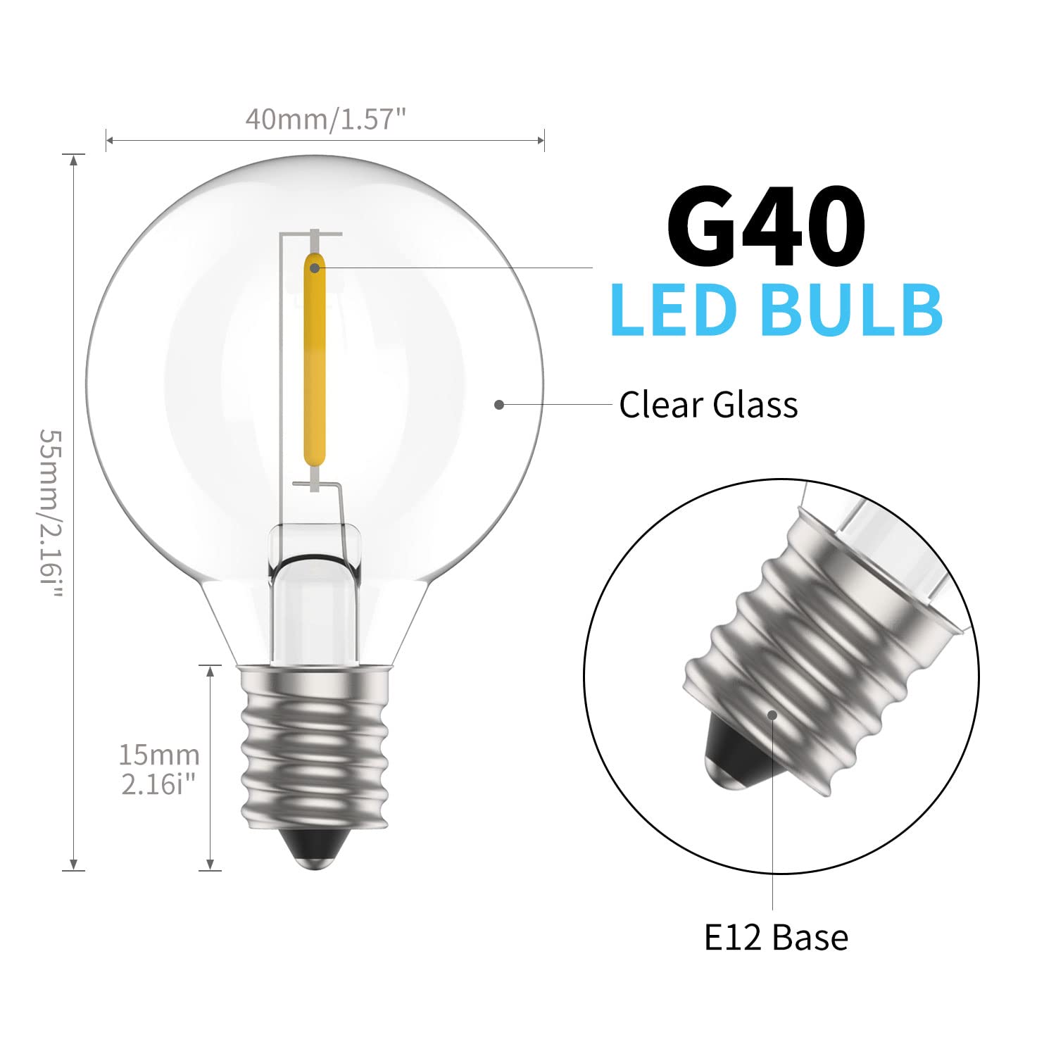 Ampoule LED G40 à Base E12, Lampe à Filament en Plastique l'horloge, DC 3V, 1W, Globe Blanc de Remplacement pour Guirxiété Solaire