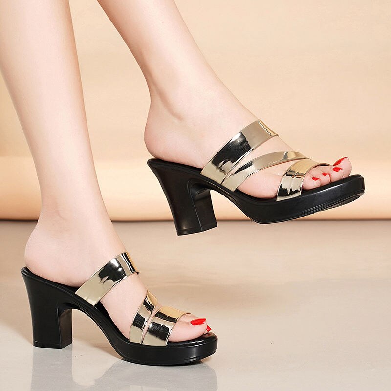 Summer Ladies Sandals High Heel Platform Slippers Bright Leather Comfortable Open Toe Casual Shoes