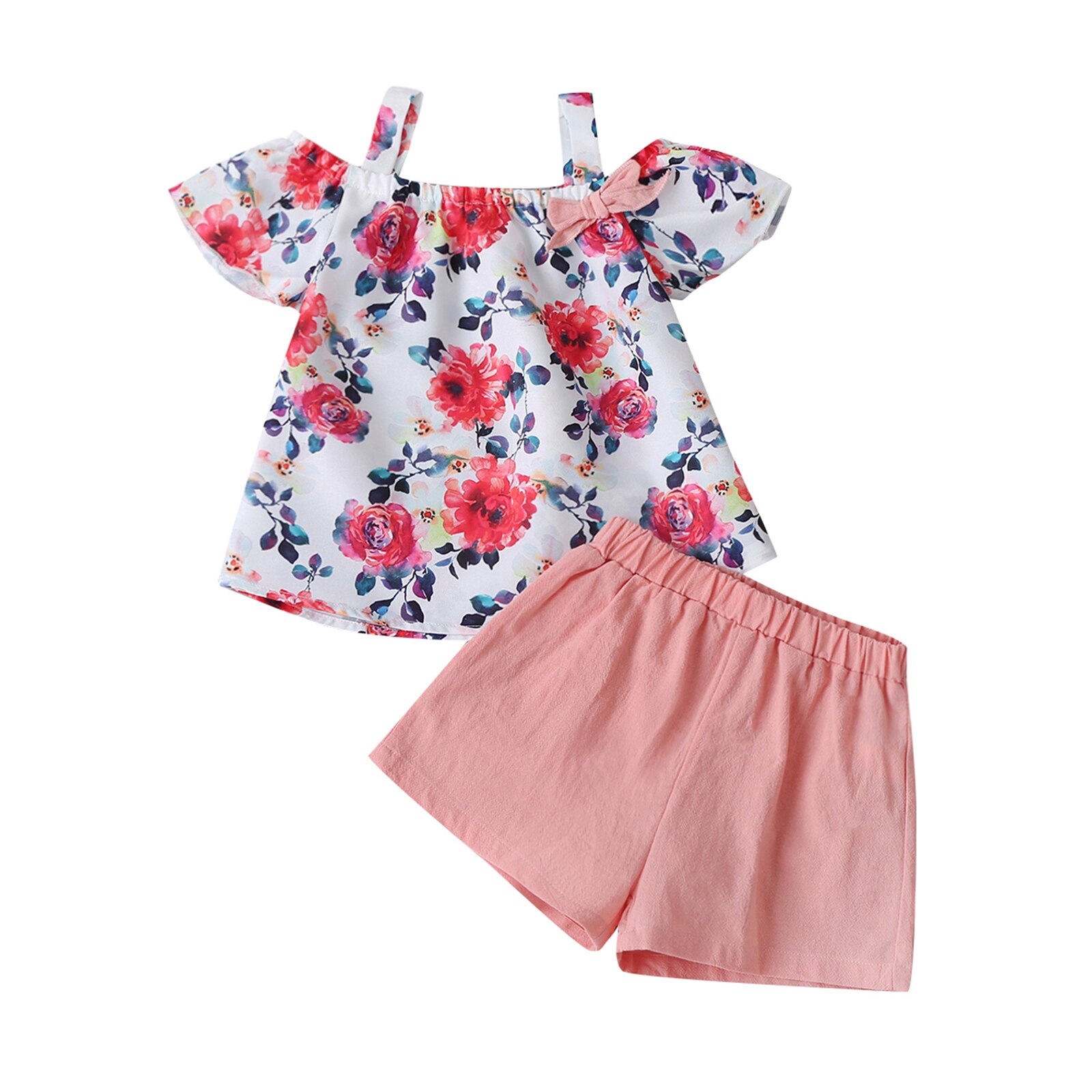 Zomer Kleur Afdrukken Meisje Korte Mouwen En Shorts Set Mode Bloem Boothals T-shirt En Effen Kleur korte Broek: 130 / Roze