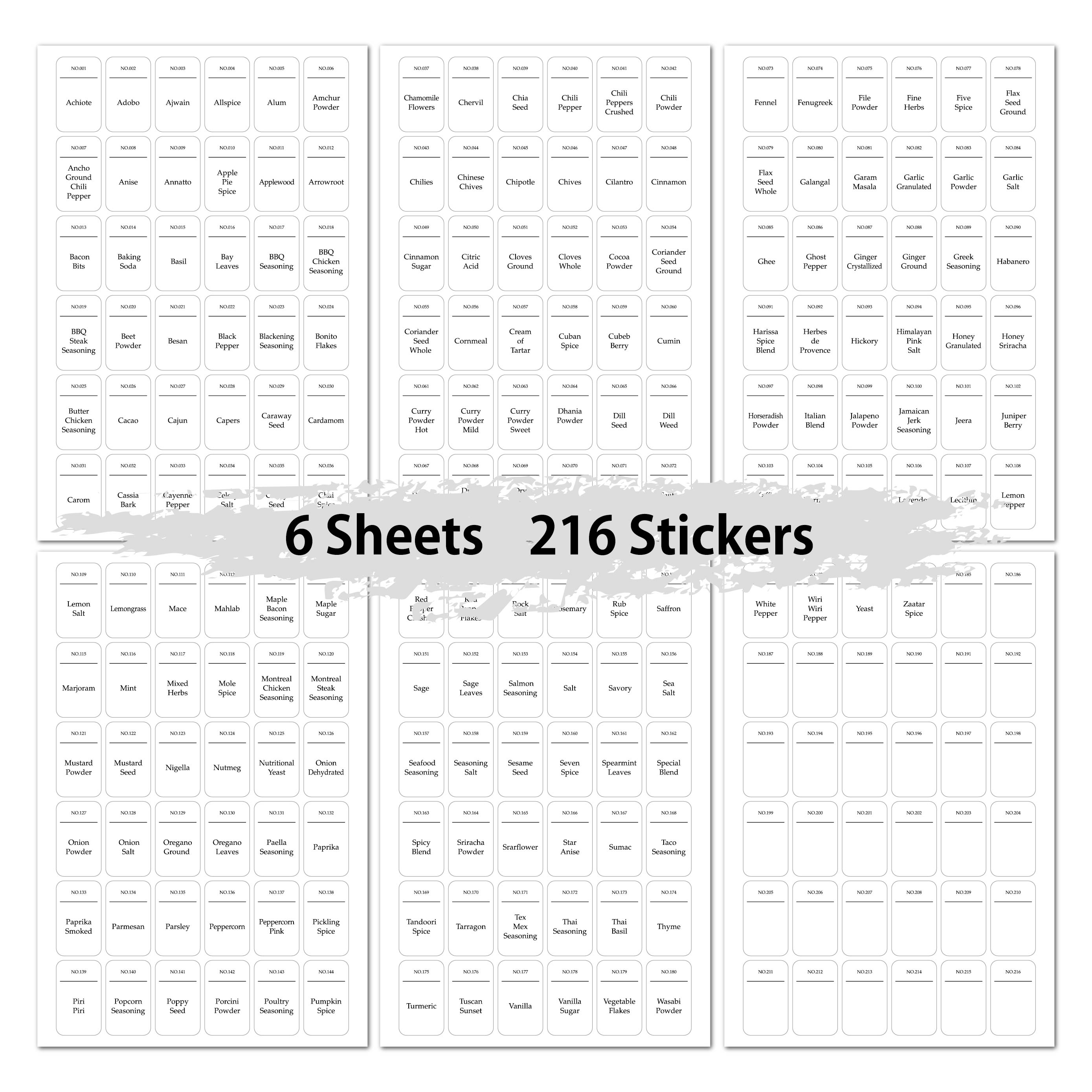 Etiquetas para tarros de especias preimpresas, pegatinas impermeables para tarros de cocina, etiquetas autoadhesivas para latas, etiqueta para tarros de almacenamiento de especias, 216: 216pcs