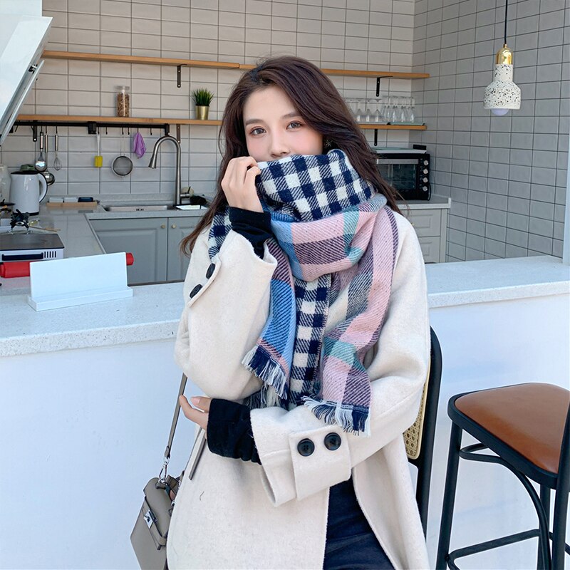 Nova chegada da moda outono inverno xadrez cachecol feminino quente de alta qualidade elegante bonito duplo lado fresco adorável vintage borla xale