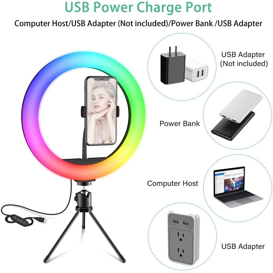 10in Led Kleur Selfie Ring Licht Rgb Fotografie Ringlicht Cirkel Vullen Licht Statief Lamp Telefoon Standhouder Trepied Make-Up