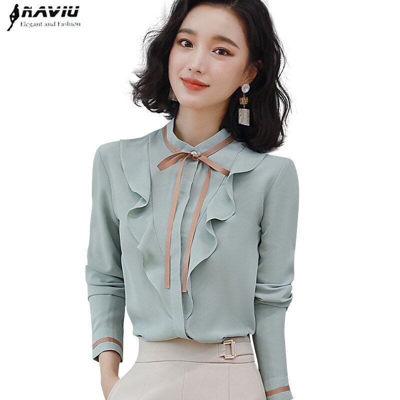 Light Blue Shirt Women Autumn Retro Long Sleeve Stand Collar Ruffles Chiffon Blouses Office Ladies Work Tops