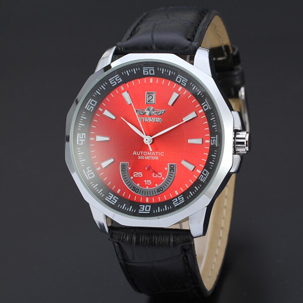 WINNAAR Classic Mannen Horloges Alloy Case Automatische Mechanische Zelf Wind Casual Lederen Pols Vier Kleuren Beschikbaar: Rood