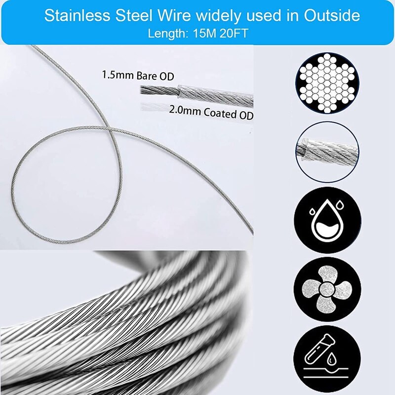 15M Garten Kabel Pro Klettern Pflanzen,Kabel Zaun Kabel Seil Clips Turnbuckle Kabel Tensioner Pro Schnur Beleuchtung hängend Bausatz