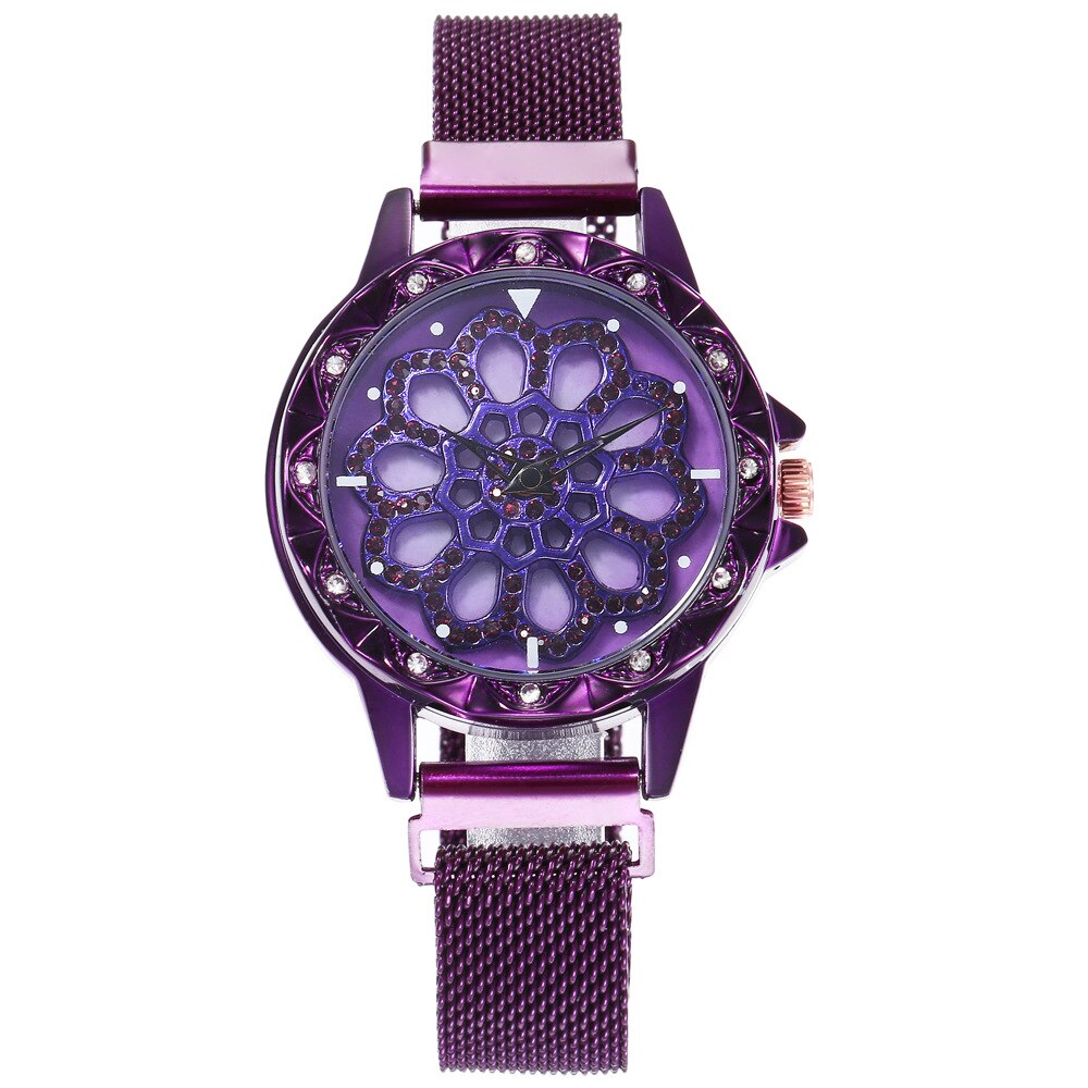Horloge dames merk luxe 360 graden roterende diamant wijzerplaat horloges mesh magneet dameshorloge quartz klok relogio femino: Paars