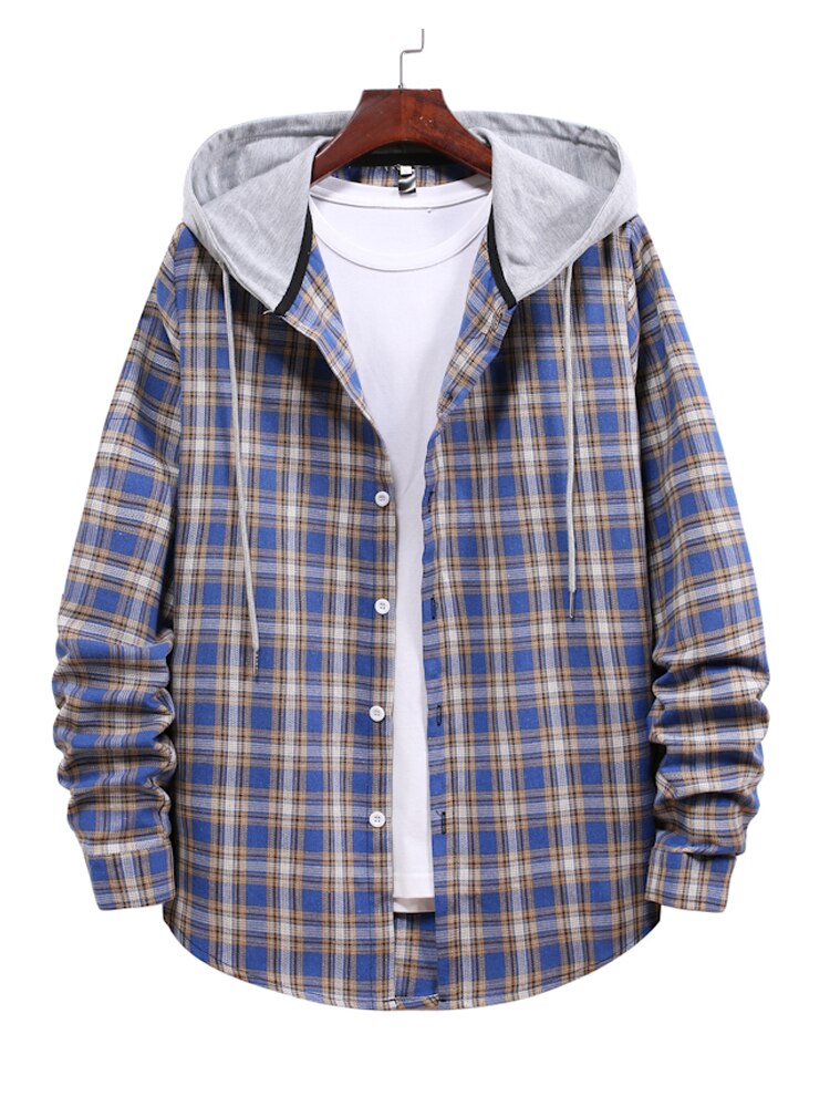 Camisas masculinas outono moda casual xadrez camisas de manga longa de alta qualidade pulôver com capuz camisa estilo preppy dos homens blusa superior