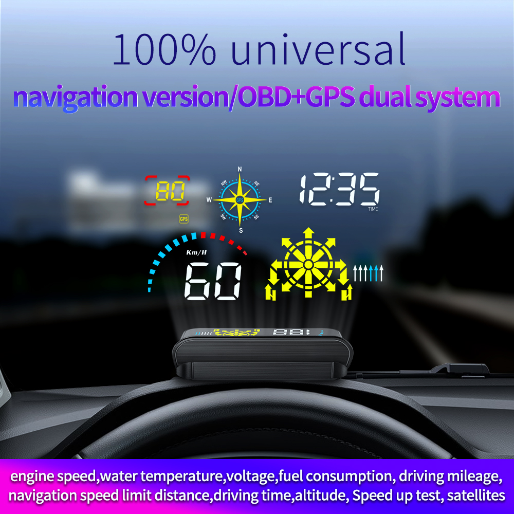 Universal HUD Projector On Car Glass Head Up Display OBD2 Digital Car Speedometer GPS Navigation Water &amp; Oil Temp RPM Auto Alarm