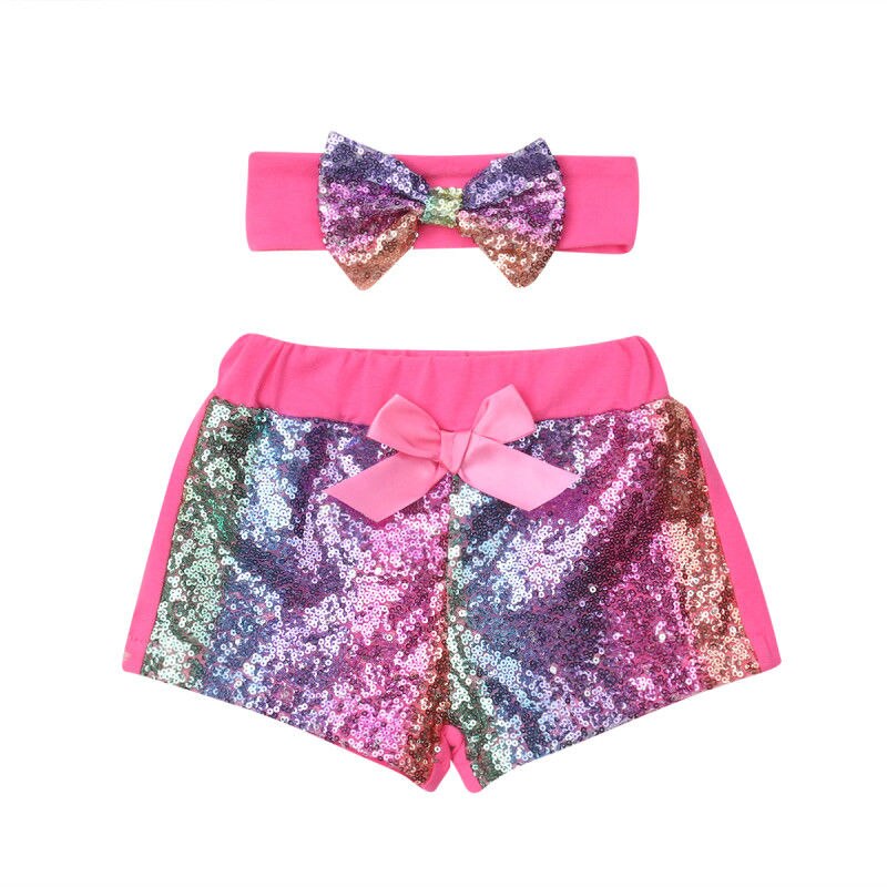 Peuter Sequin Korte Kids Baby Girl Boog-knoop Party Bling Shorts Bottoms Pailletten Broek Hoofdband Kinderkleding