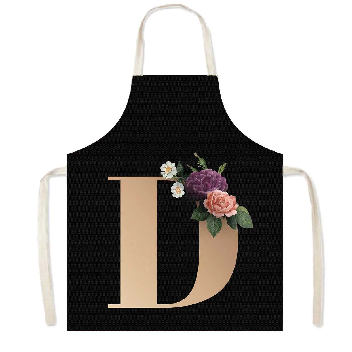 Delantal de cocina con estampado de flores y 26 iniciales, delantales de cocina con letras de A-Z para mujer, Chef de barbacoa, camarero, herramienta de limpieza para hornear en casa, delantal