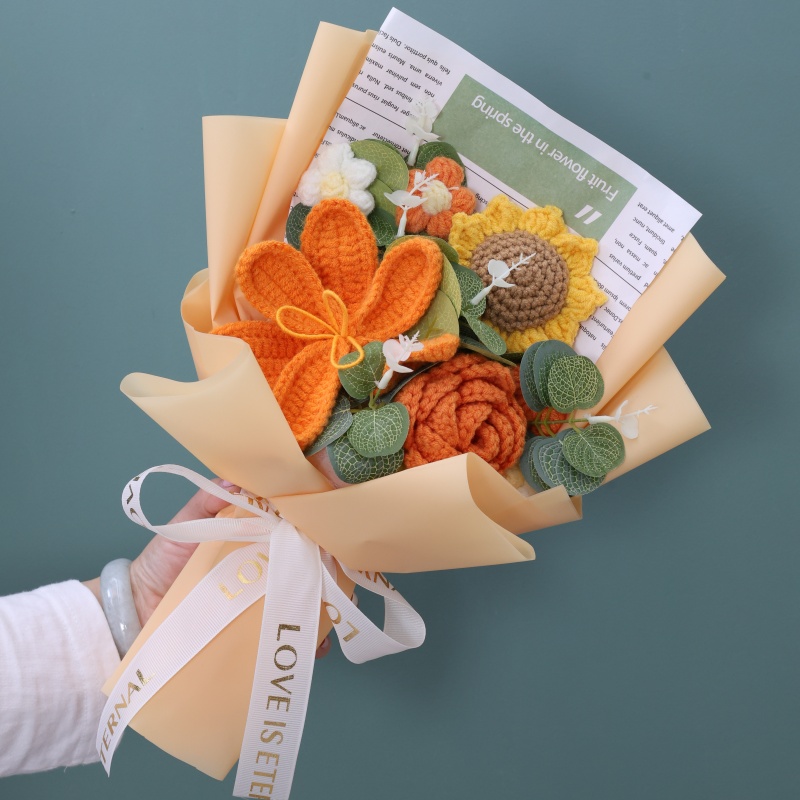 Ramo de ganchillo terminado, cuerda, flores artificiales, plantas rellenas, boda, San Valentín, Día de la madre, cumpleaños, de graduación: Naranja