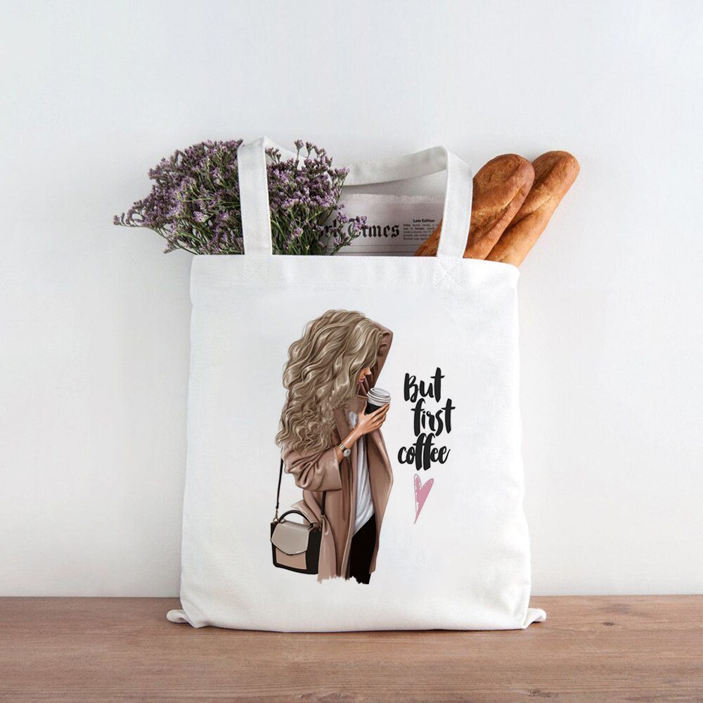 Canvas Shopping Bag Reusable Eco FriendlyTote Bag Coffee First Mom Life Shopper Book Bags Teacher Student Shoulder Bag Compra: B1642-TBWH-M