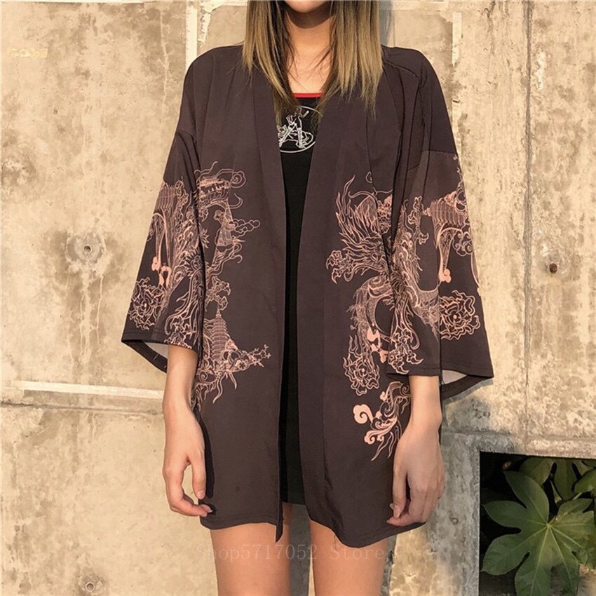 Moda japonesa kimono impressão dragão chinês fino lazer comute protetor solar roupas cardigan robe para meninos e meninas